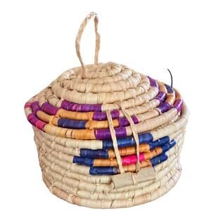 Handwoven Lidded Coil Basket with Loop Latch – Colorful Boho Tribal Decor
